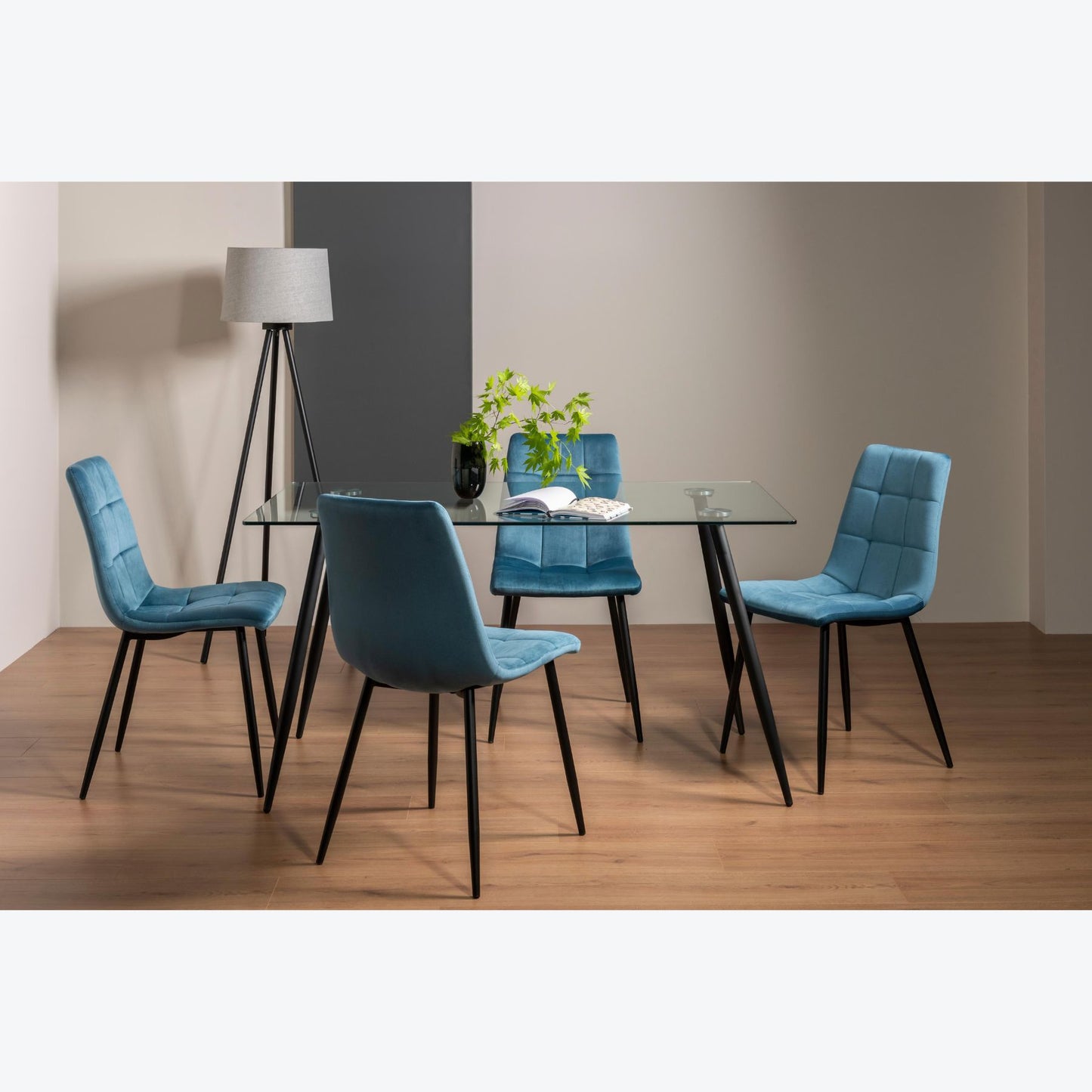 4 Seater Rectangle 140cm Tempered Glass Dining Table Set with 4 Blue Velvet Chairs