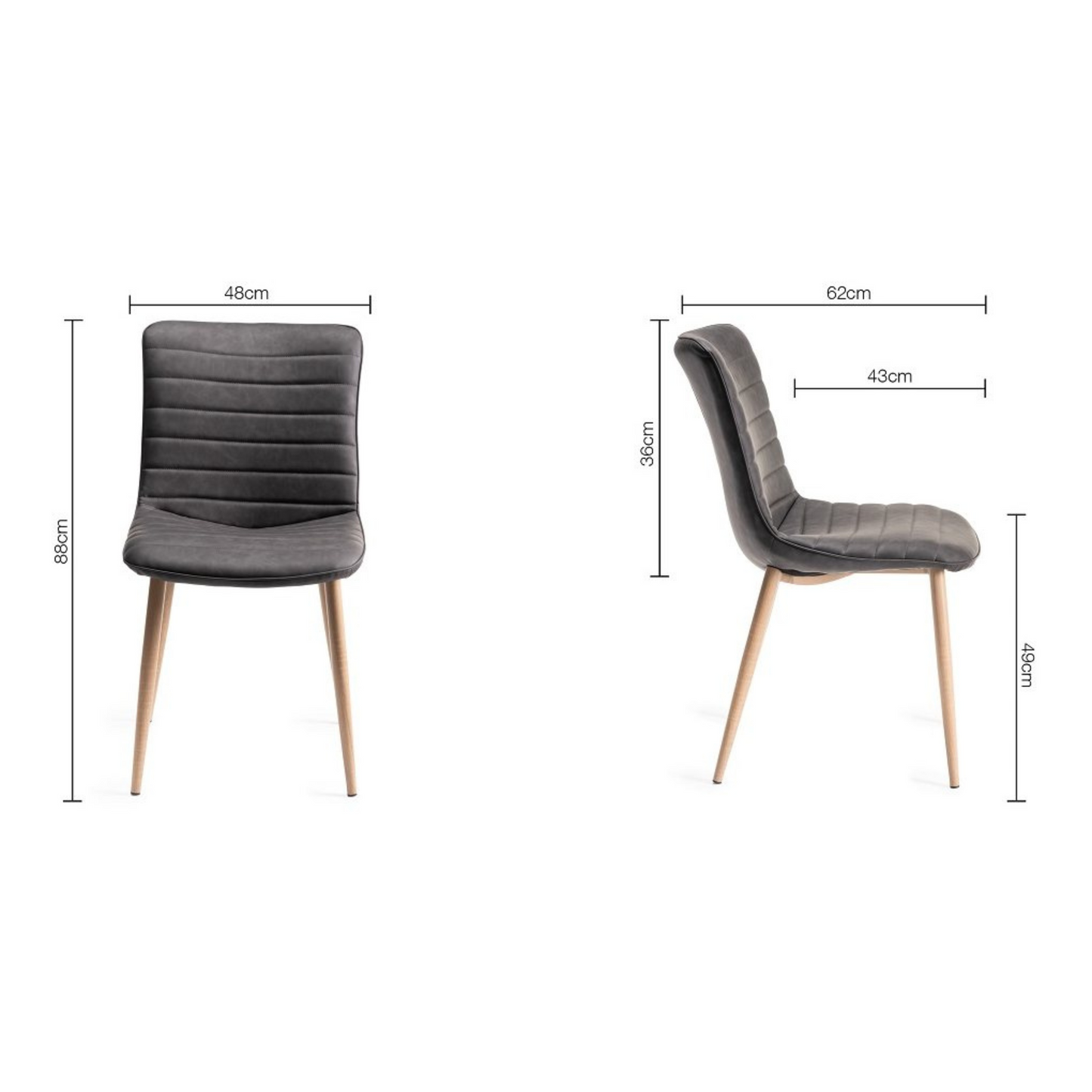 Pair of Faux Leather Dining Chairs in Dark Grey with Horizontal Stitching and Oak Effect Wooden Legs