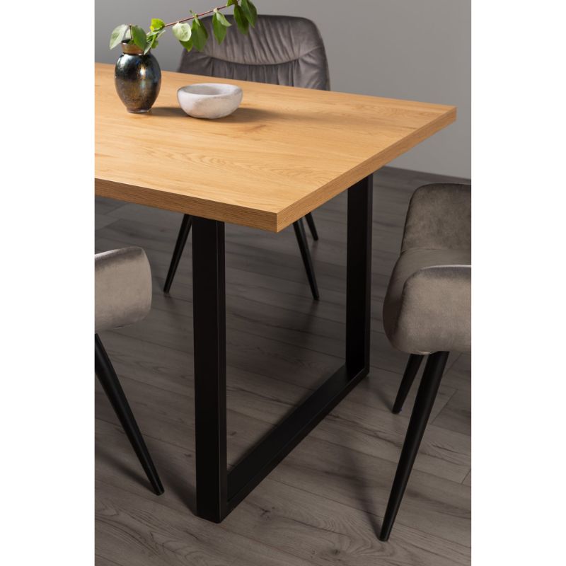 6 Seater 160cm Dining Table Featuring a Rustic Oak Effect Top and U-Shaped Rectangular Metal Legs