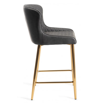 Pair of Dark Grey Faux Leather Bar Stools with Diamond Stitched Upholstery and Matt Gold Metal Legs