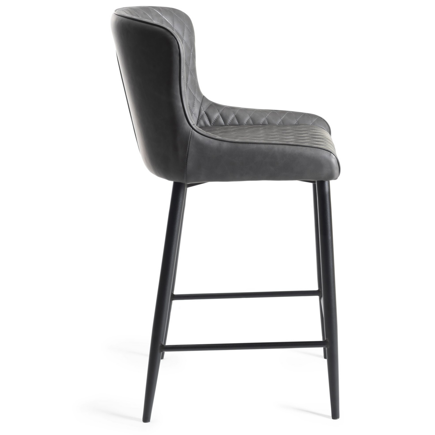 Pair of Dark Grey Faux Leather Bar Stools with Diamond Stitched Upholstery and Sand Black Metal Legs