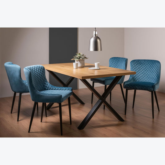 6 Seater 160cm Rectangle Oak Effect Dining Table Set with 4 Blue Velvet Armchairs Featuring Diamond Quilted Stitching.