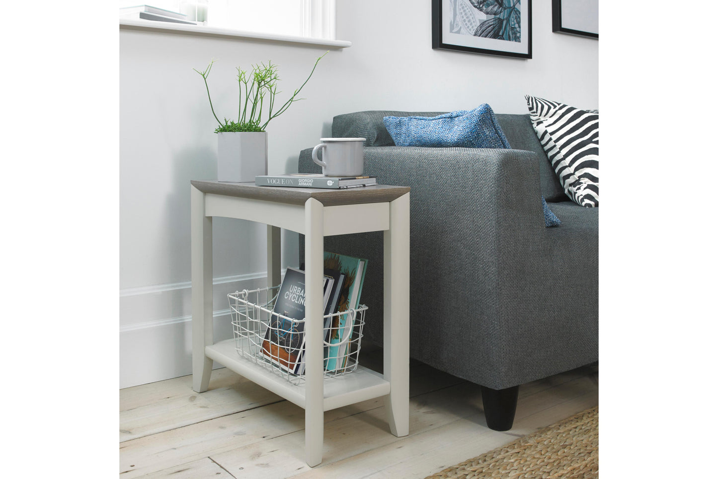 Grey Washed Oak & Soft Grey Side Table with Storage Shelf