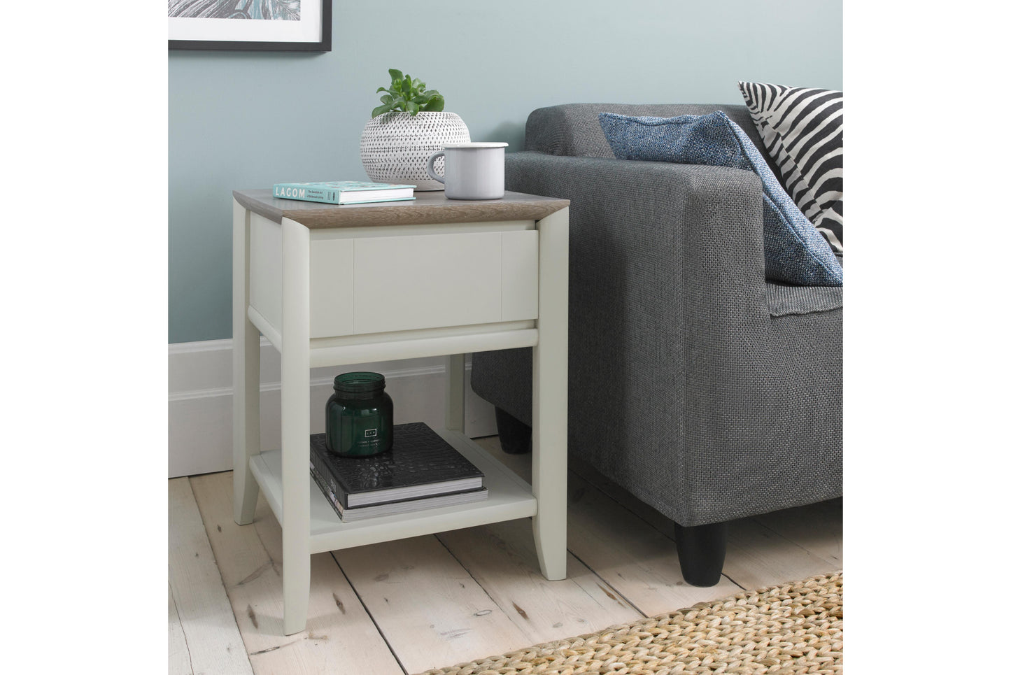 Grey Washed Oak & Soft Grey Side Table with Draw & Storage Shelf