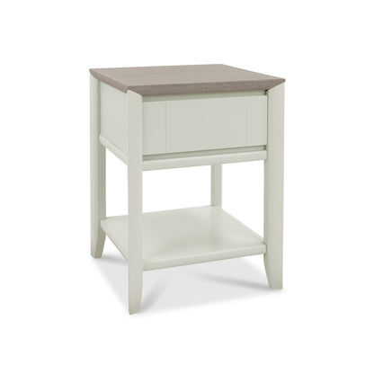 Grey Washed Oak & Soft Grey Side Table with Draw & Storage Shelf