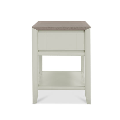 Grey Washed Oak & Soft Grey Side Table with Draw & Storage Shelf