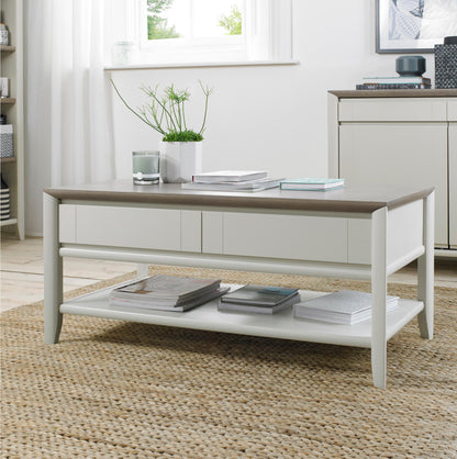 Grey Washed Oak & Soft Grey Coffee Table with Draws & Storage Shelf