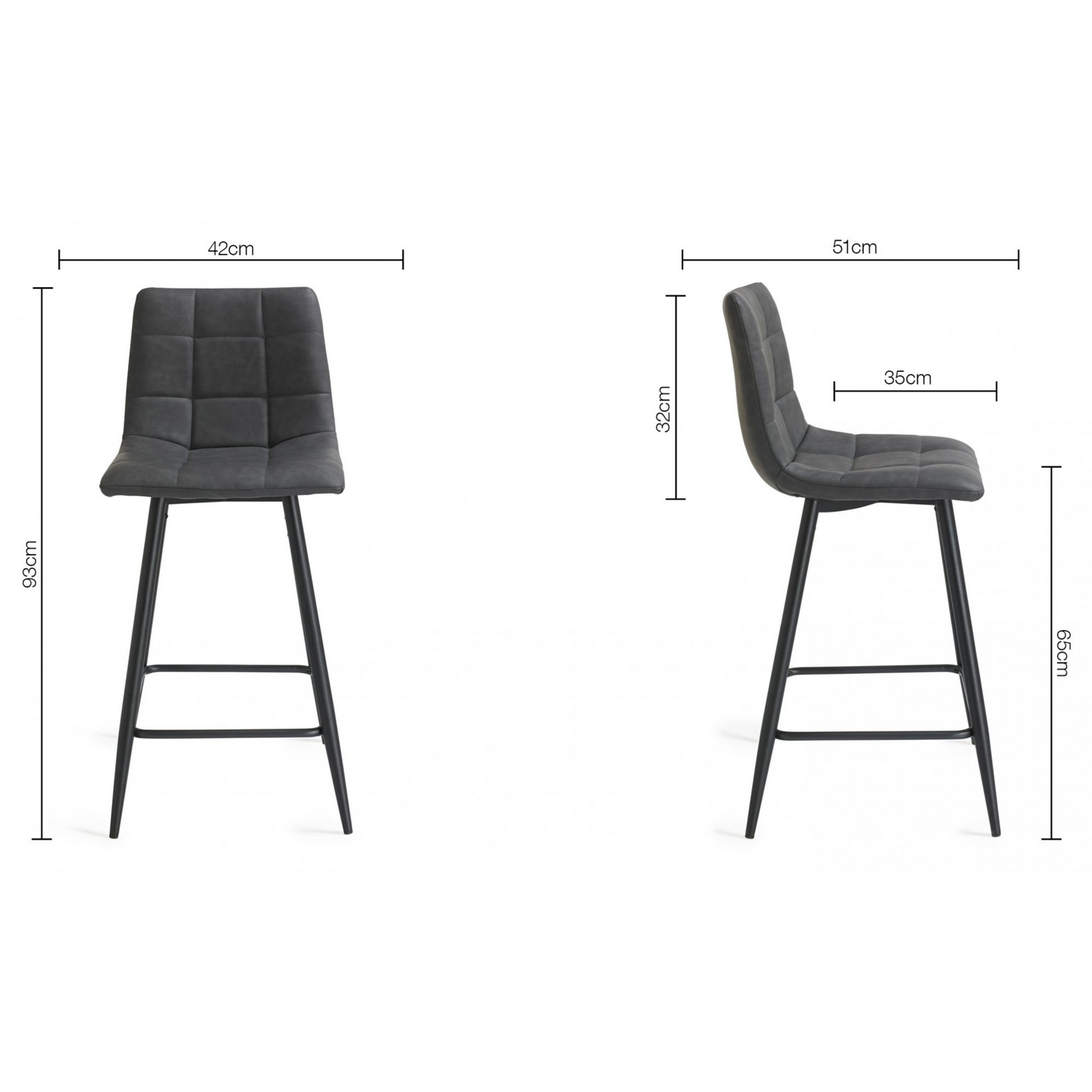 Pair of Dark Grey Faux Leather Bar Stools with Square Stitched Upholstery and Sand Black Powder Coated Legs