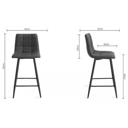 Pair of Dark Grey Faux Leather Bar Stools with Square Stitched Upholstery and Sand Black Powder Coated Legs