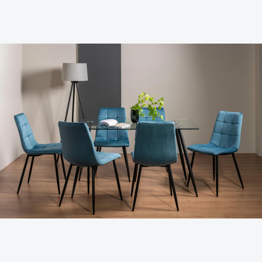 6 Seater Rectangle 140cm Tempered Glass Dining Table Set with 6 Blue Velvet Chairs