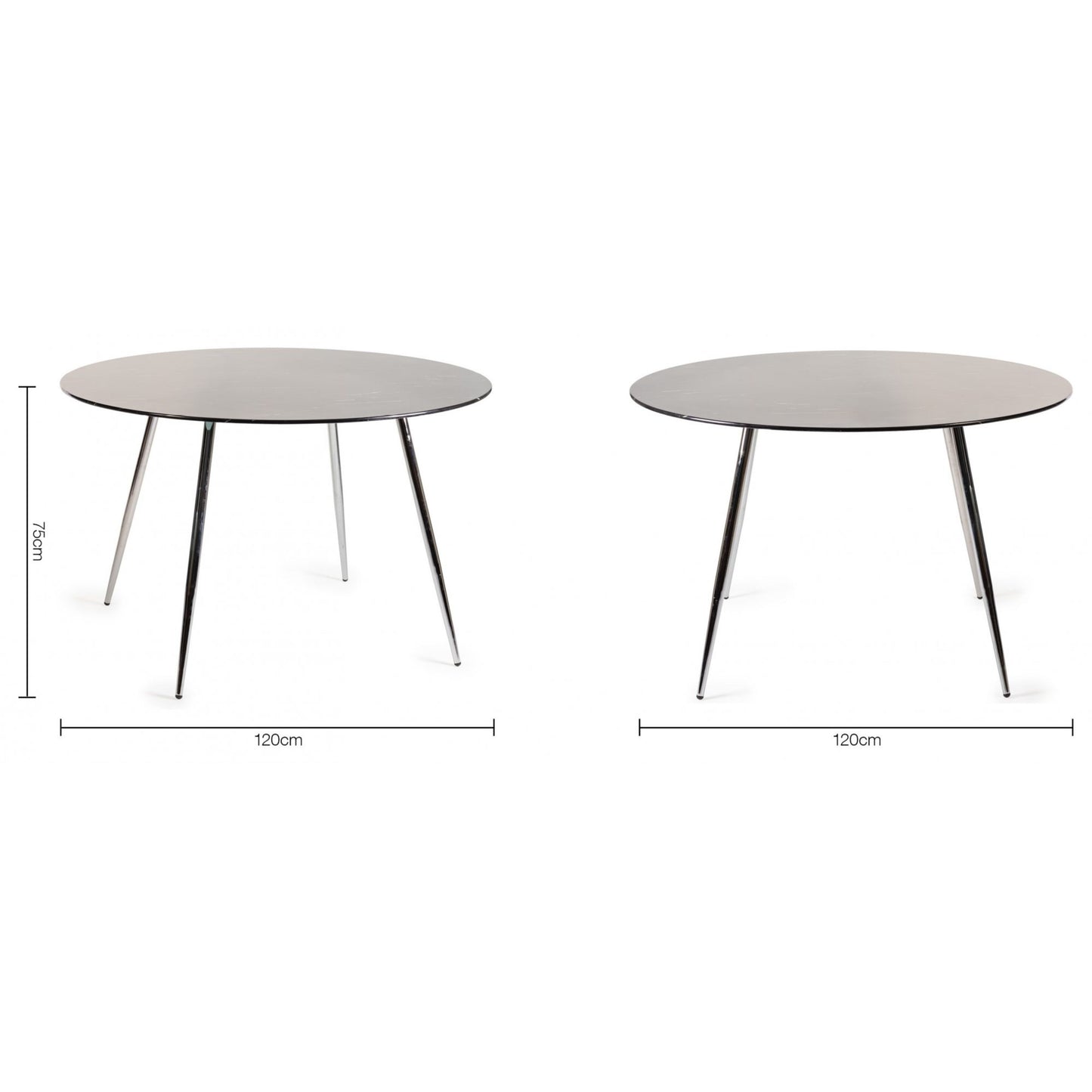 4 Seater Round 120cm Black Marble Effect Table with Tempered Glass and Nickel-Plated Round Metal Legs