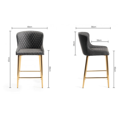 Pair of Dark Grey Faux Leather Bar Stools with Diamond Stitched Upholstery and Matt Gold Metal Legs