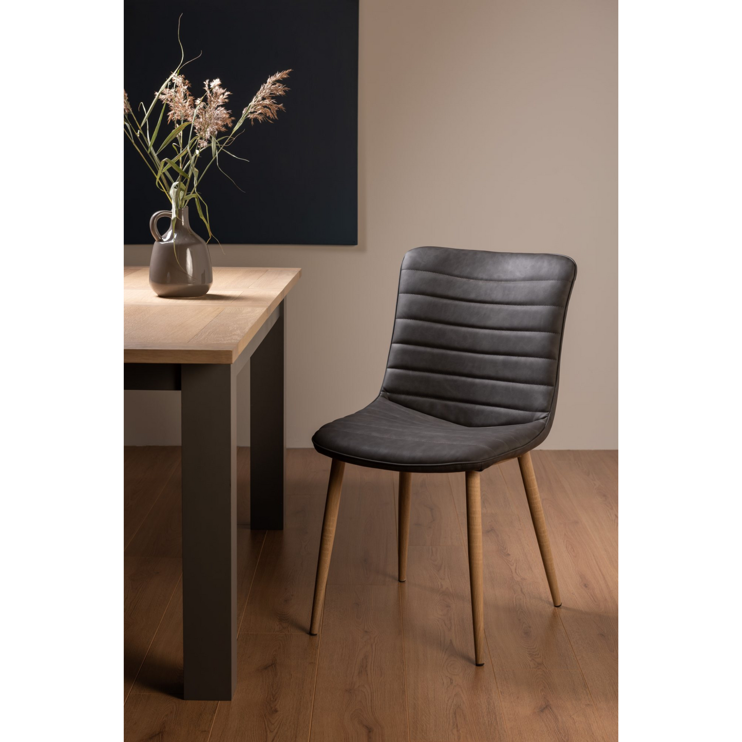 Pair of Faux Leather Dining Chairs in Dark Grey with Horizontal Stitching and Oak Effect Wooden Legs