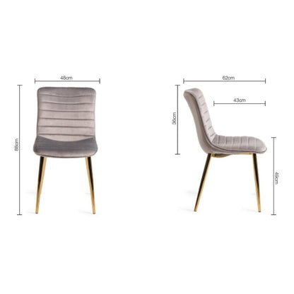 Pair of Velvet Dining Chairs with Horizontal Stitching and Matt Gold Frame in a Choice of Two Colours