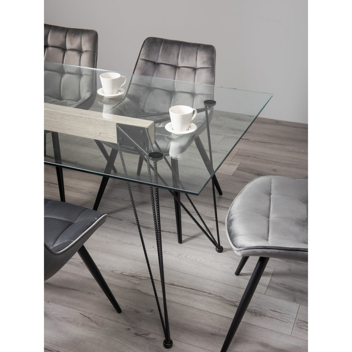 6 Seater Rectangle 160cm Tempered Glass Dining Table Featuring Black Twisted Steel Rod Legs