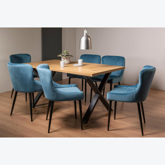 6 Seater 160cm Rectangle Oak Effect Dining Table Set with 6 Blue Velvet Armchairs Featuring Diamond Quilted Stitching.