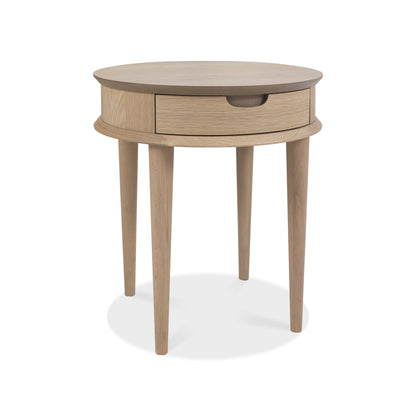 White Scandi Oak lamp Table with Drawer and Solid Beech Legs