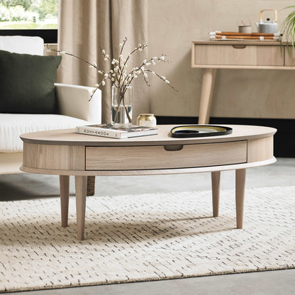 White Scandi Oak Coffee Table with Drawer and Solid Beech Legs