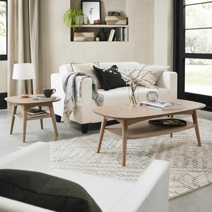 White Scandi Oak Coffee Table with Shelf and Solid Beech Legs