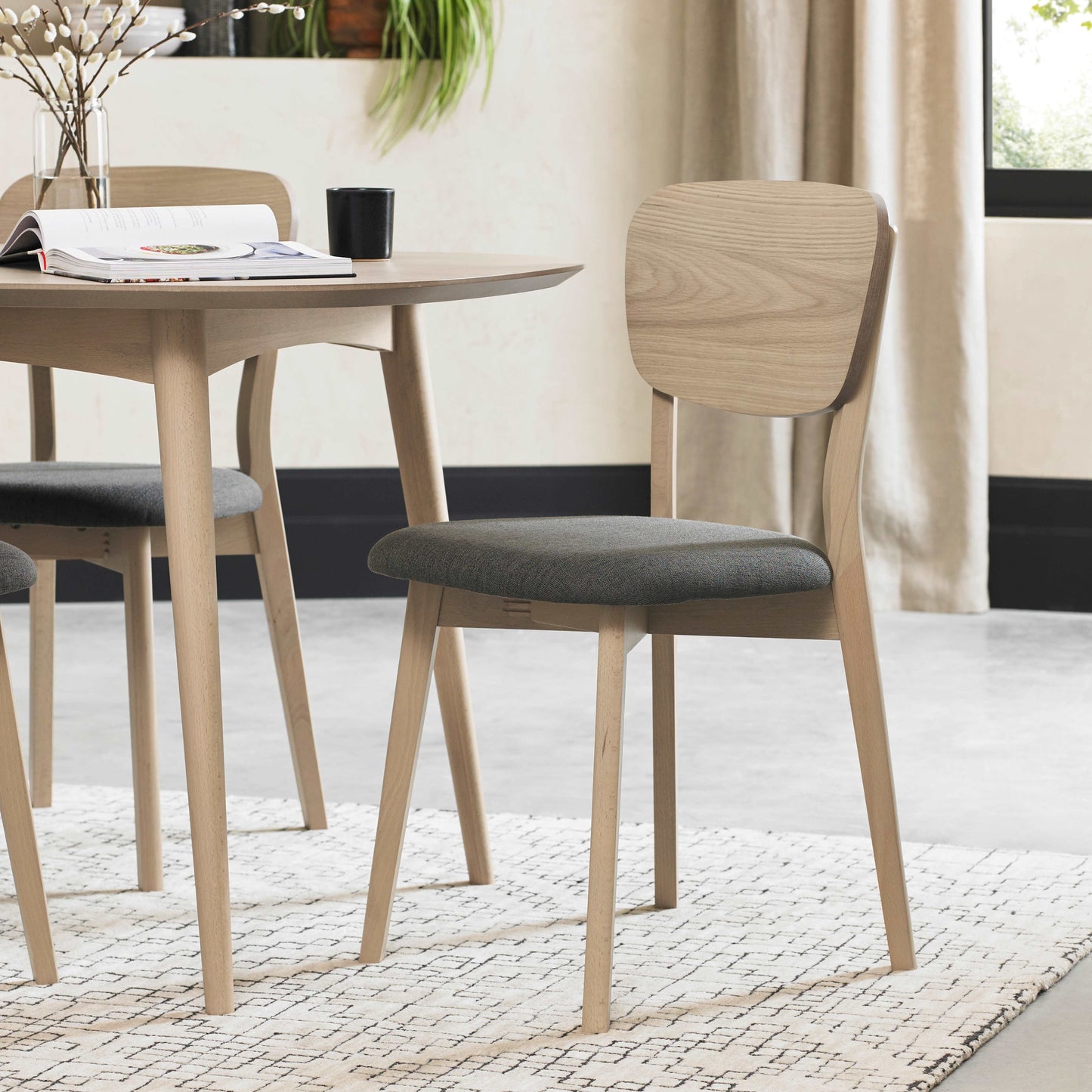 Set of 2 White Scandi Oak Vaneer Backed Dining Chairs with Cold Steel Fabric