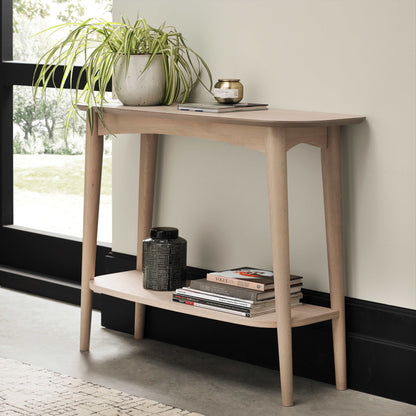 White Oak Console Table with Scandi Flare and Shelf