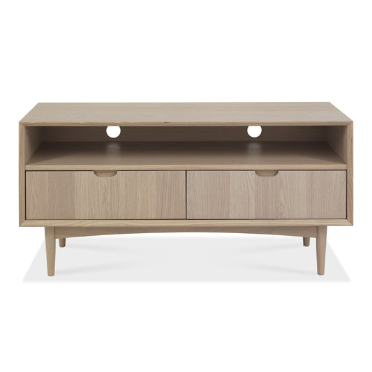 White Scandi Oak Entertainment Unit with Self Close Drawers and Solid Beech Legs