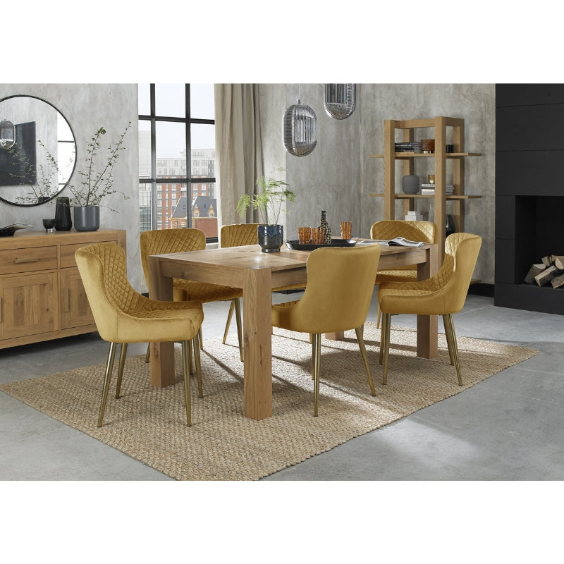 6-8 Seater 165-225cm Extending Light Oak Dining Table with 6 Mustard Velvet Chairs Featuring Gold Legs & Diamond Quilted Stitching