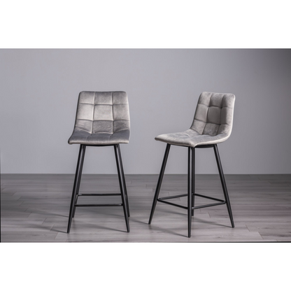 Pair of Velvet Stools with Square Stitched Upholstery and Sand Black Metal Legs in a Choice of Three Colours