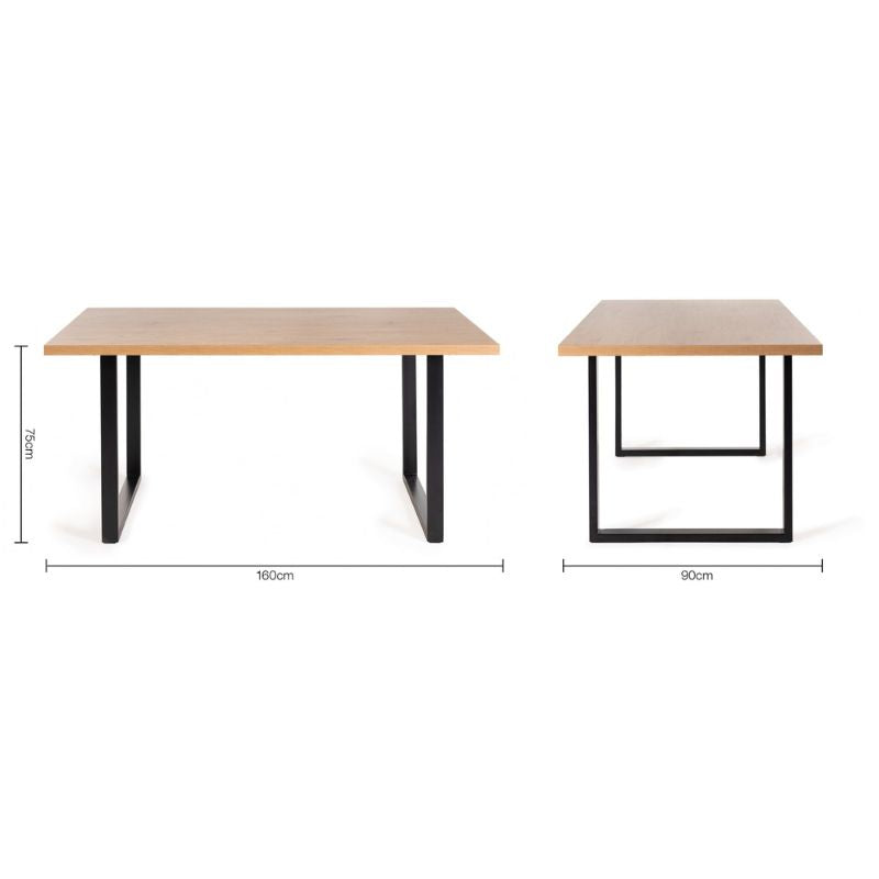 6 Seater 160cm Dining Table Featuring a Rustic Oak Effect Top and U-Shaped Rectangular Metal Legs