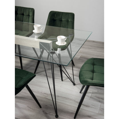 6 Seater Rectangle 160cm Tempered Glass Dining Table Featuring Black Twisted Steel Rod Legs