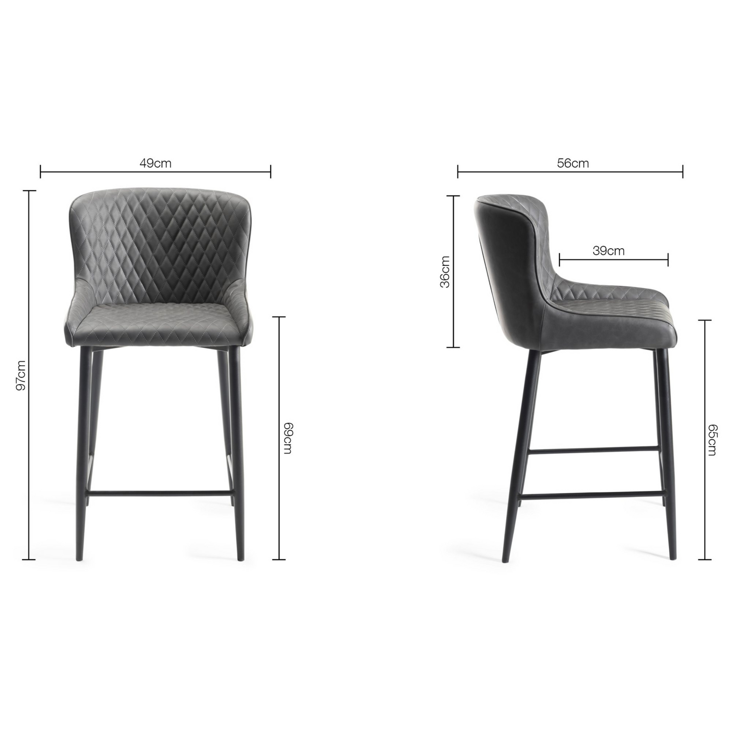 Pair of Dark Grey Faux Leather Bar Stools with Diamond Stitched Upholstery and Sand Black Metal Legs