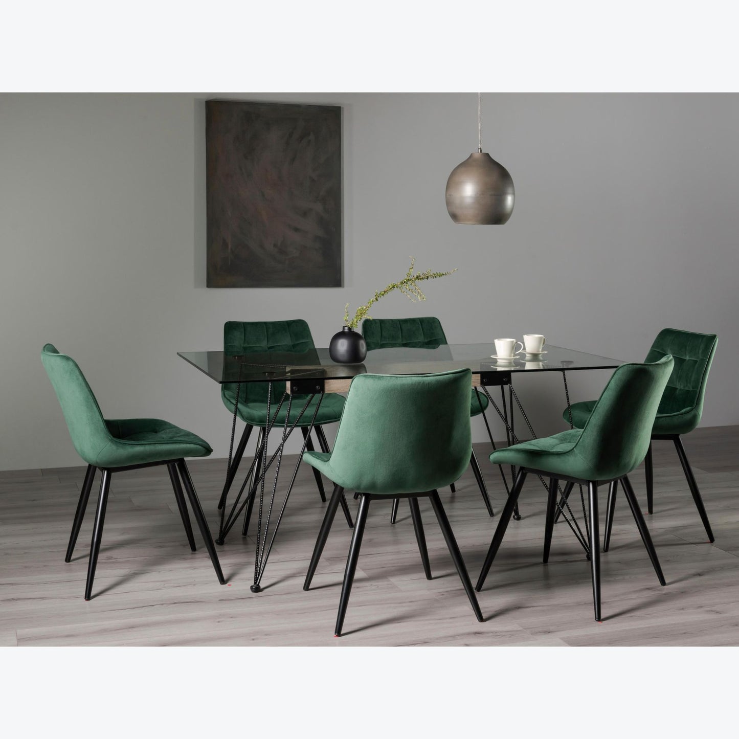 6 Seater Rectangle 160cm Tempered Glass Dining Table Set with 6 Green Velvet Chairs Featuring Black Metal Legs and Square Stitched Upholstery