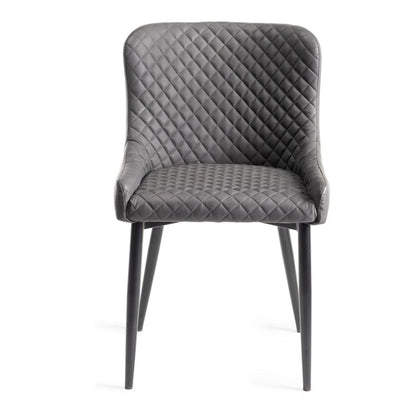 Pair of Faux Leather Dining Armchairs in Dark Grey with Diamond Quilted Stitching and Black Metal Legs