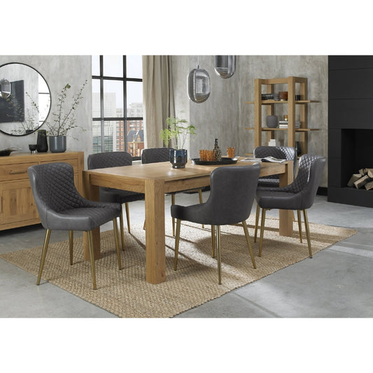 6-10 Seater 185-245cm Extending Light Oak Dining Table with 8 Dark Grey Faux Leather Chairs Featuring Gold Legs & Diamond Quilted Stitching