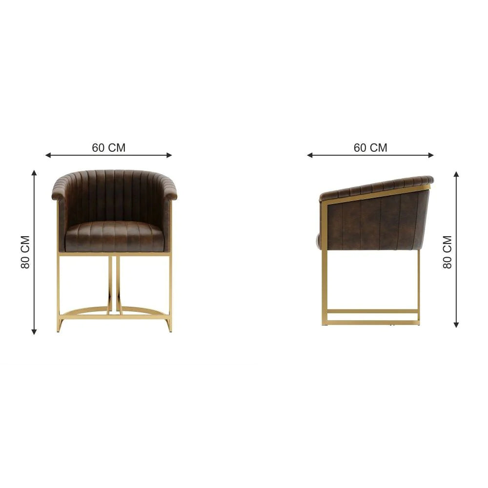 Set of 2 - Brown Leather and Gold Tub Dining Chair