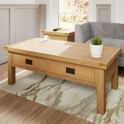 Large Rectangle Rustic Oak Coffee Table with Brass Effect Handles