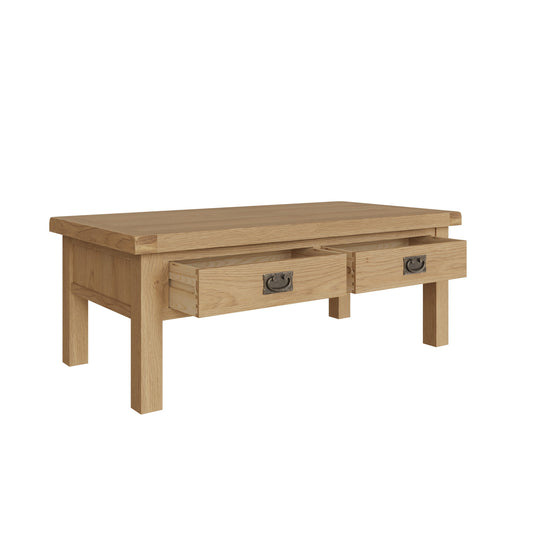 Large Rectangle Rustic Oak Coffee Table with Brass Effect Handles