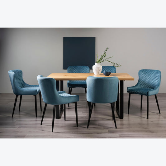 6 Seater 160cm Rectangle Oak Effect Dining Table Set with 6 Blue Velvet Armchairs.