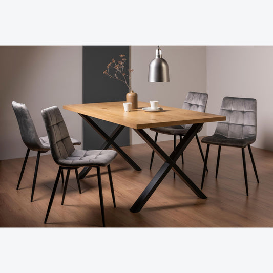 4 Seater 160cm Rectangle Oak Effect Dining Table with 4 Light Grey Velvet Chairs