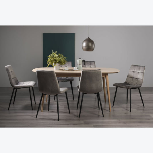 6-8 Seater 175/215cm Extending White Scandi Oak Table Set with 6 Light Grey Velvet Chairs Featuring Black Legs and a Square Pattern