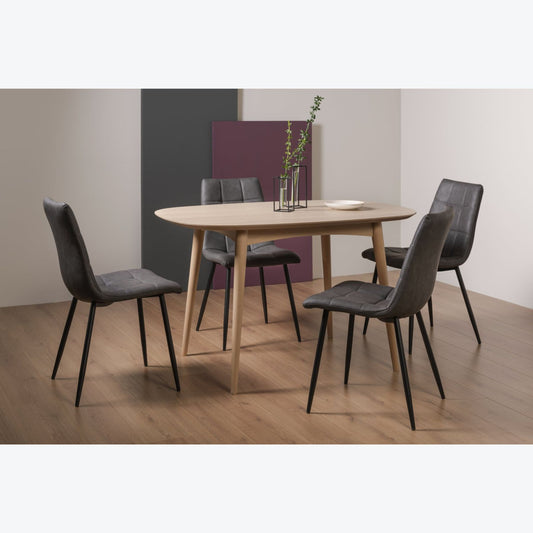 4 Seater 129cm White Scandi Oak Table Set and 4 Dark Grey Faux Leather Chairs Featuring Square Pattern and Black Legs