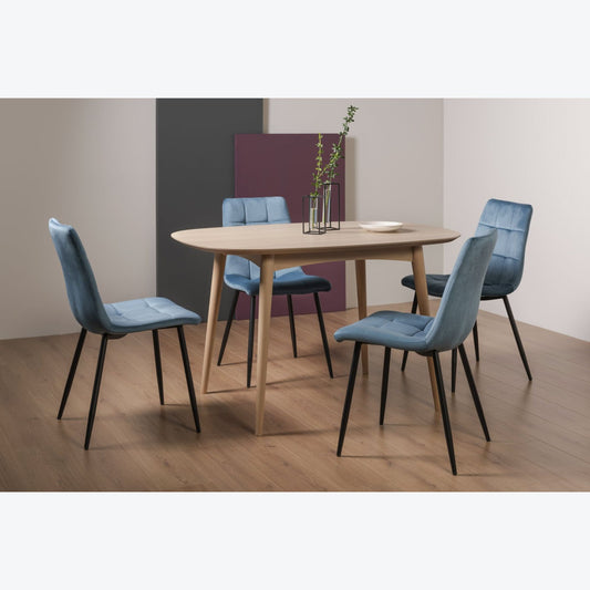 4 Seater 129cm White Scandi Oak Table Set and 4 Petrol Blue Velvet Chairs Featuring Black Legs and Square Pattern