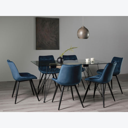 6 Seater Rectangle 160cm Tempered Glass Dining Table Set with 6 Blue Velvet Chairs Featuring Black Metal Legs and Square Stitched Upholstery