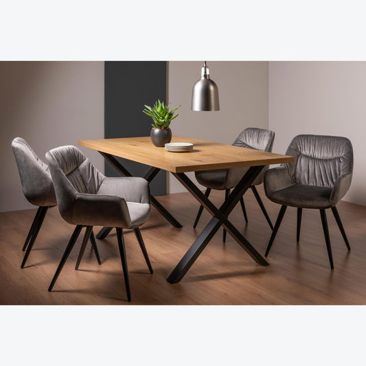 6 Seater 160cm Rectangle Oak Effect Table with 4 Grey Velvet Armchairs