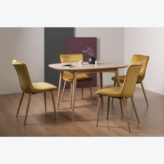 4 Seater 129cm White Scandi Oak Table Set and 4 Mustard Velvet Fabric Chairs Featuring Rustic Oak Effect Legs and Horizontal Pattern