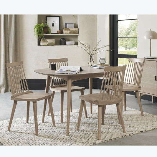 4 Seater 129cm White Scandi Oak Table Set with 4 Wooden Spindle Back Chairs