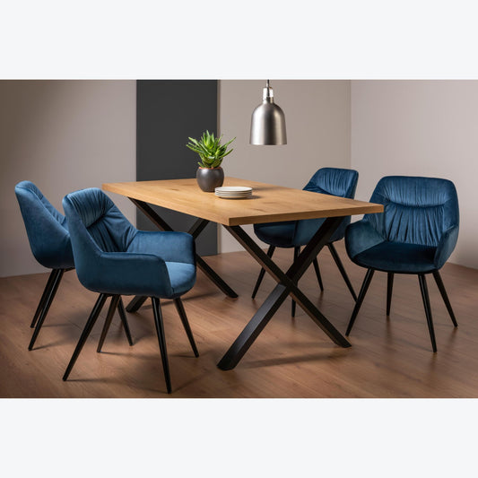 6 Seater 160cm Rectangle Oak Effect Table with 4 Blue Velvet Armchairs