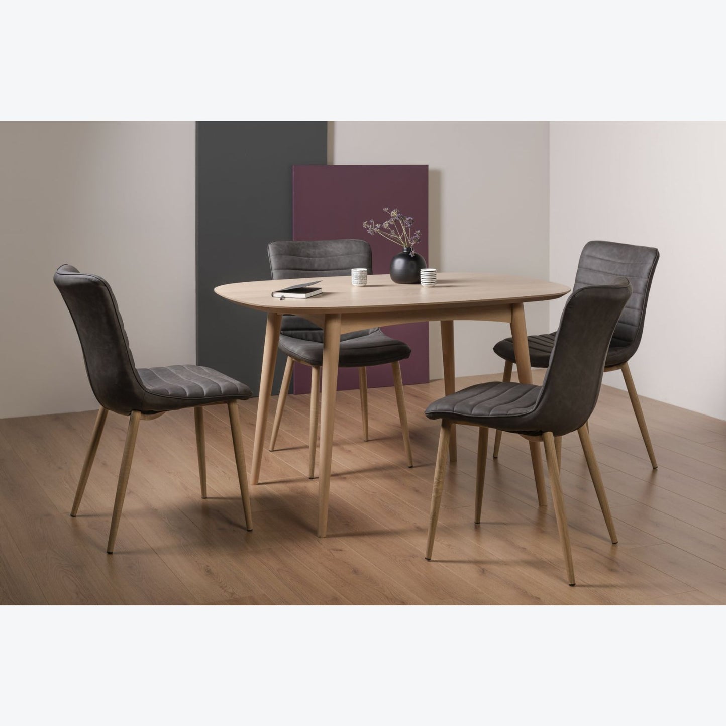 4 Seater 129cm White Scandi Oak Table Set with 4 Faux Leather Chairs in Dark Grey Featuring Horizontal Sripes and Rustic Oak Legs