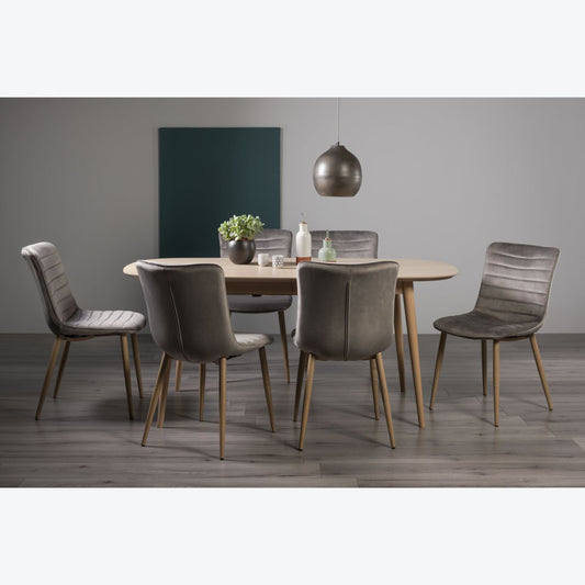 6-8 Seater 175/215cm Extending White Scandi Oak Table Set with 6 Light Grey Velvet Chairs Featuring Oak Effect Legs and a Horizontal Pattern