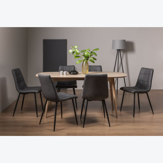 6 Seater 175cm White Scandi Oak Table Set with 6 Dark Grey Faux Leather Chairs featuring Black Legs and a Square Pattern